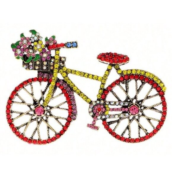 Vintage Bicycle Brooch - Red & Yellow Crystal Highlights - Picture 1 of 3